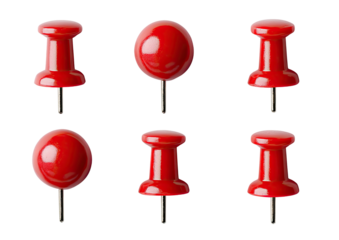 Close-up view of six red push pins.  Each pin is a glossy, bright red color.  They are arranged in a grid pattern on a black background