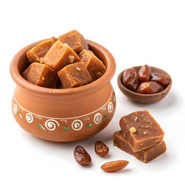 A mini clay pot filled with rich, dark date palm jaggery (patali gur).