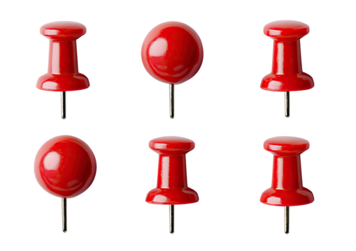 Close-up view of six red push pins.  Each pin is a glossy, bright red color.  They are arranged in a grid pattern on a black background