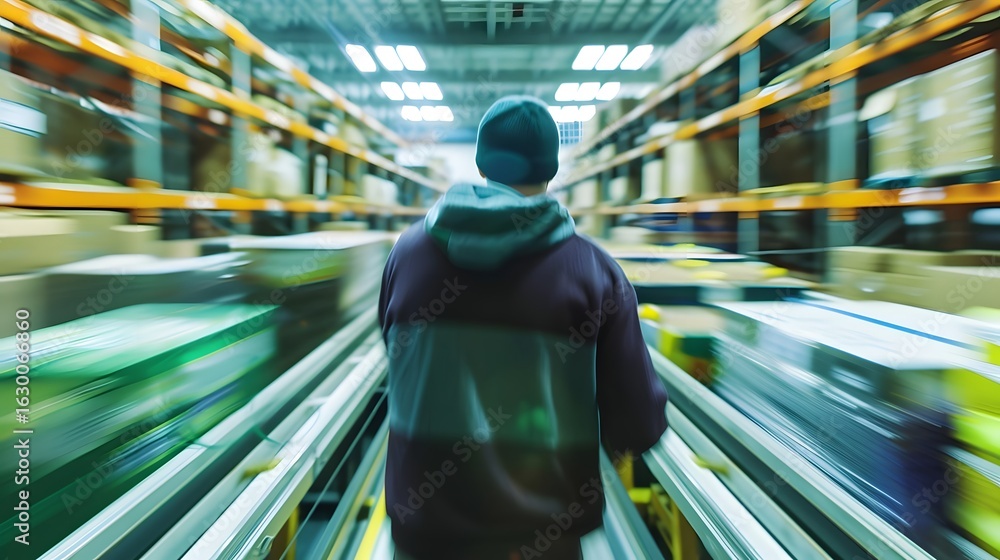 Poster warehouse worker navigating through stacks of boxes on a conveyor belt in a busy distribution center