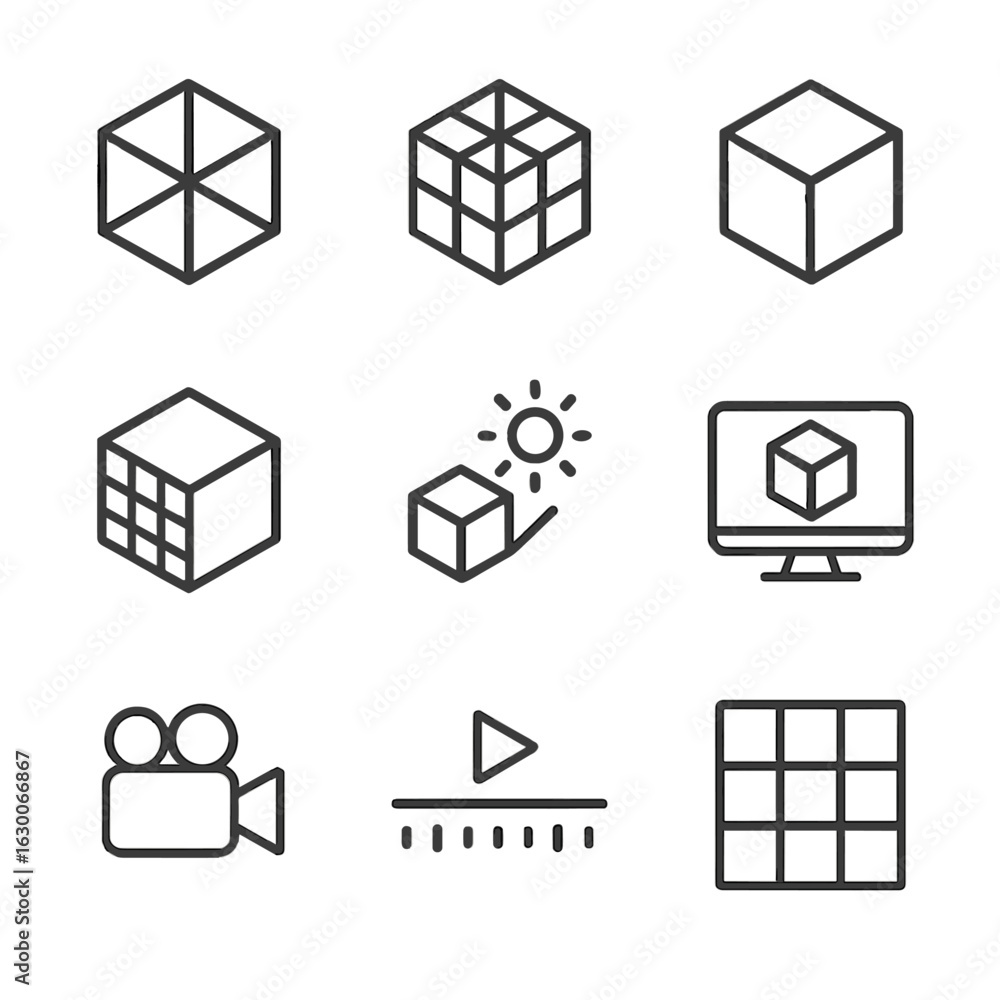 Poster 3d tools icon set. outline icon set of 3d visualization tools: wireframe, mesh, shading, texture map