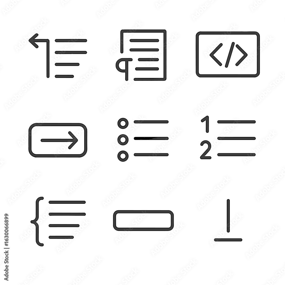 Poster indentation icon set. outline icon set of indentation in writing and coding: text indent, paragraph 