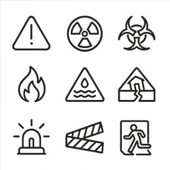 Disaster Warning Icons. Outline icon set of aftermath warning signs: hazard sign, radiation symbol, biohazard, fire alert, flood