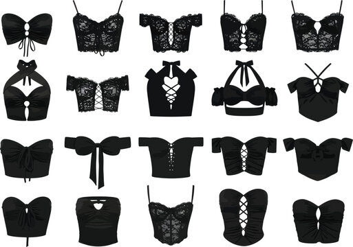 Collection of black lace corset tops and bralettes featuring various styles and designs for fashionable apparel