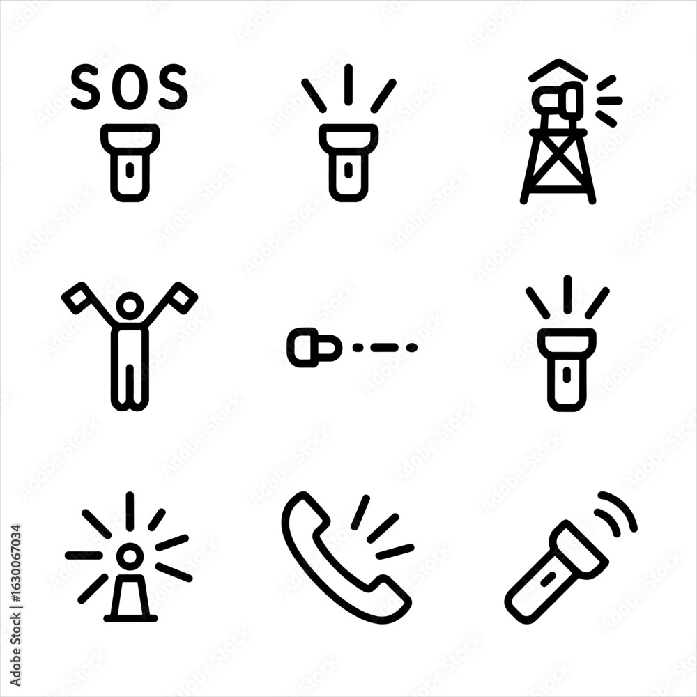 Poster torchlight signal icons. outline icon set of torchlight signals: sos signal, flashing light, beacon,