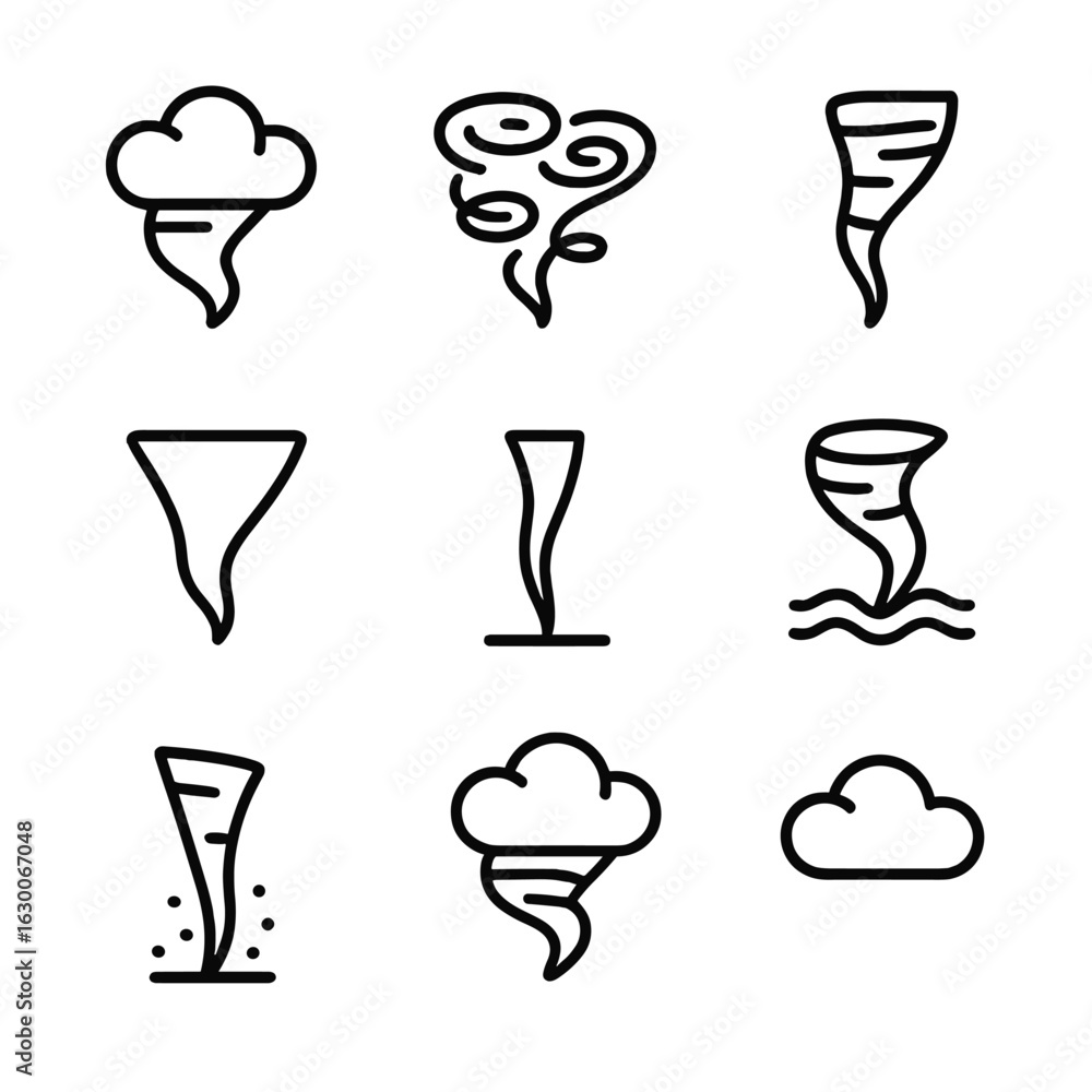 Poster tornado icon set. outline icon set of tornado formations and types: supercell tornado, multiple vort