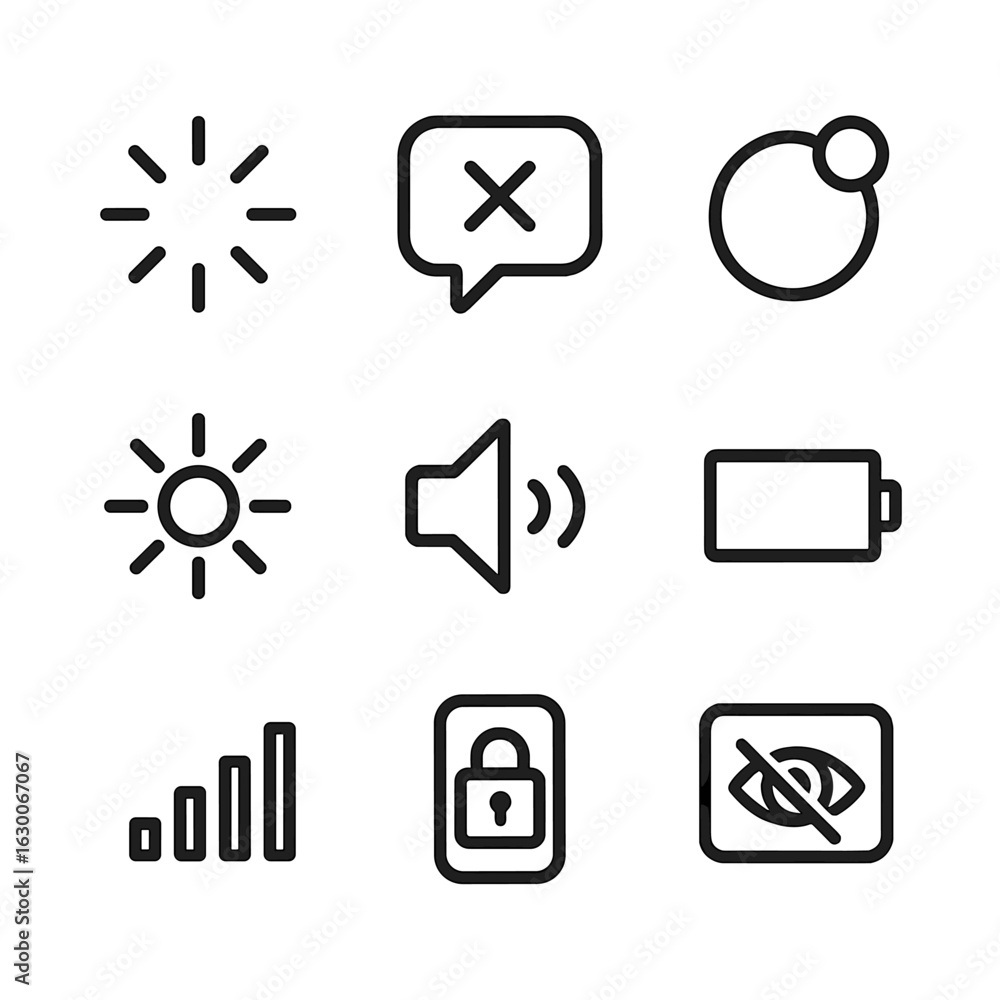 Poster display feedback icons. outline icon set of display feedback: loading spinner, error message, notifi