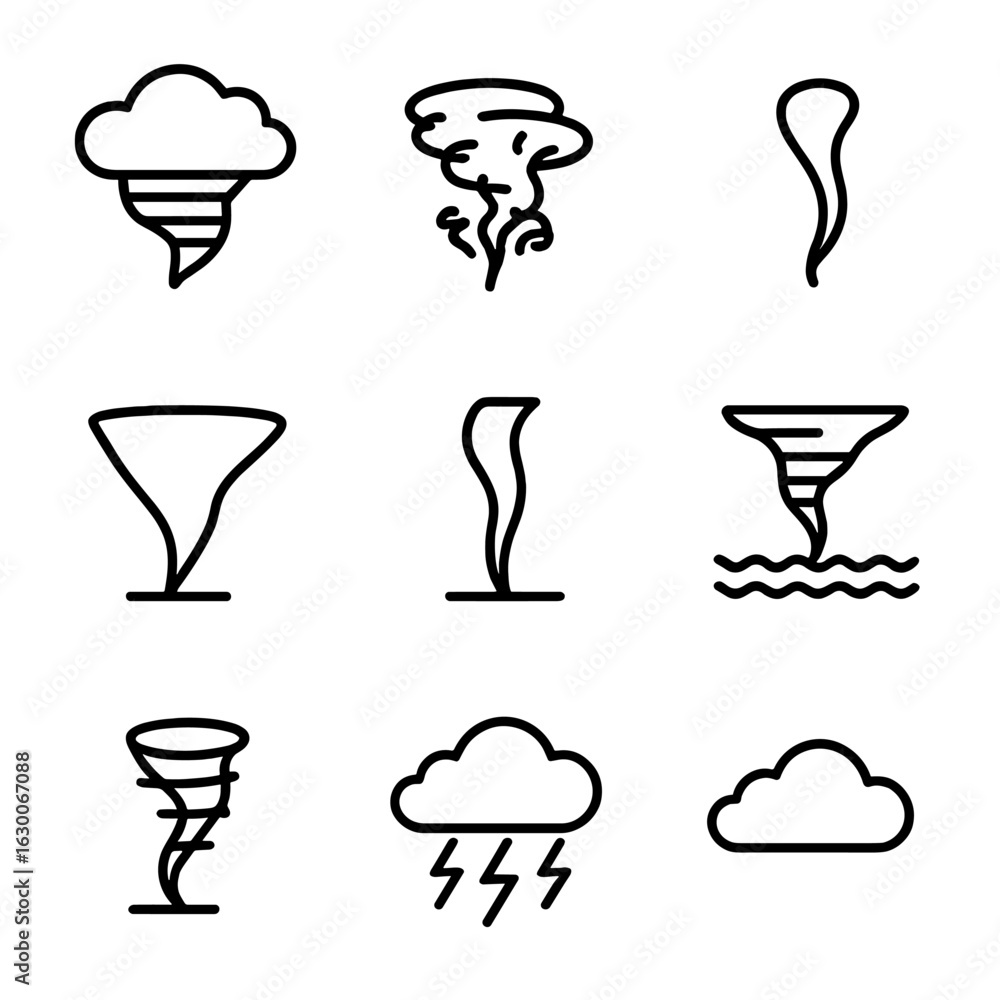 Poster tornado icon set. outline icon set of tornado formations and types: supercell tornado, multiple vort