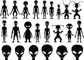 Collection of diverse alien silhouettes including full body figures and heads showcasing various extraterrestrial designs and forms