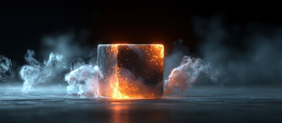 Glowing cube surrounded by smoke on reflective dark surface