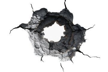 A circular hole, radiating cracks, in a dark gray surface