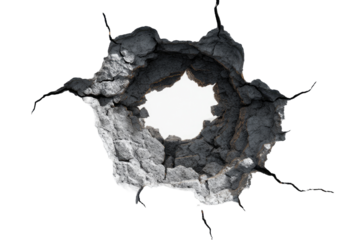 A circular hole, radiating cracks, in a dark gray surface
