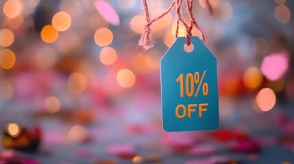 Discount tag with 10 percent off hanging in festive surroundings