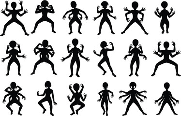 Fototapeta premium Collection of diverse silhouette figures showcasing multiple arms in various dynamic poses and stances