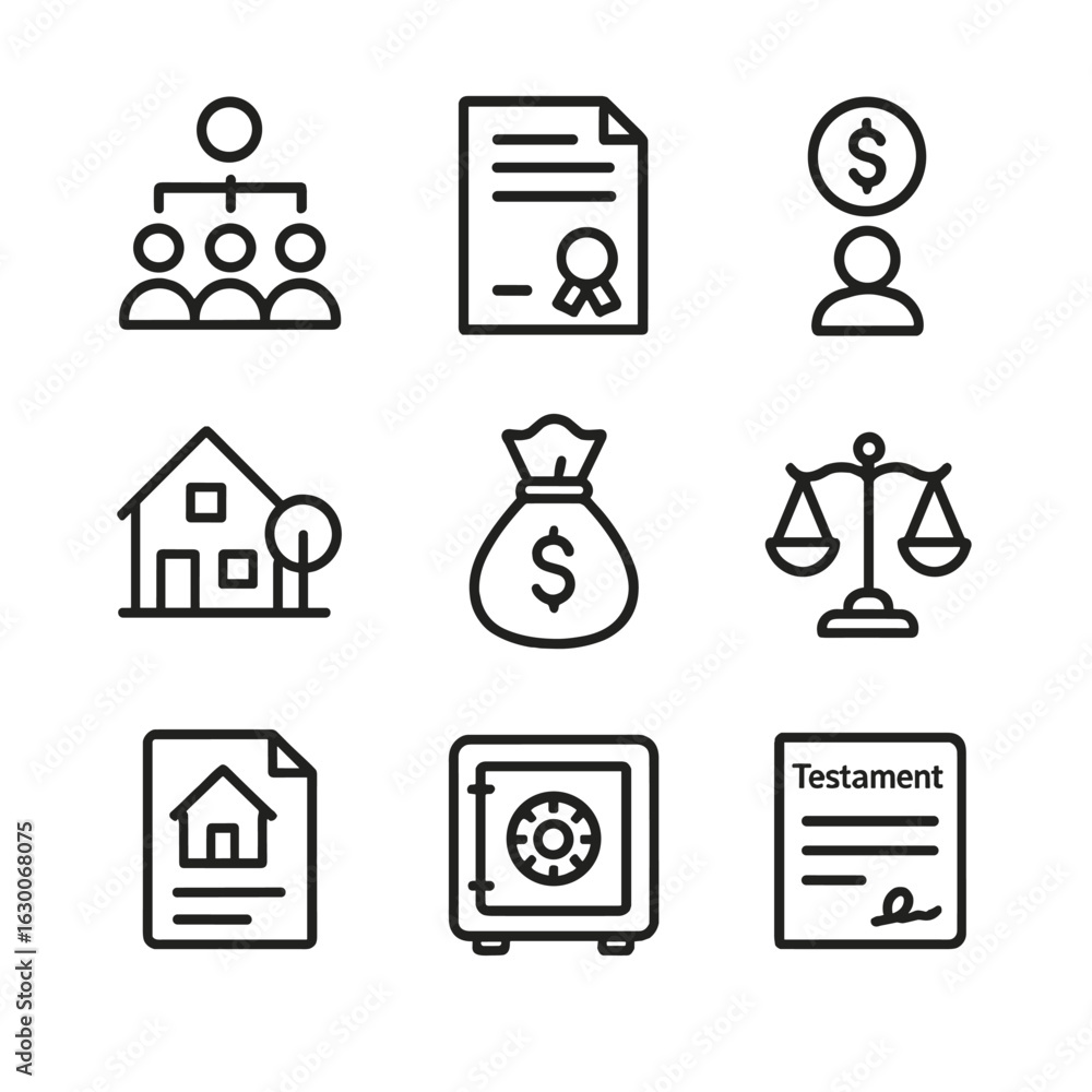 Aufkleber inheritance icon set. outline icon set of inheritance concepts: family tree, will document, heir, es