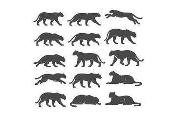 Collection of silhouetted big cats in various poses and actions