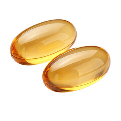 Two translucent golden oval softgel capsules containing liquid vitamin or supplement isolated on transparent background