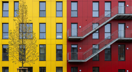 Obraz premium modern building facade with contrasting yellow and red sections, featuring windows, balconies, and a fire escape with a tree