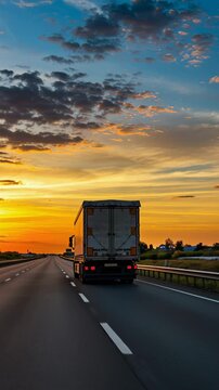Truck driving on a highway at sunset, vertical footage