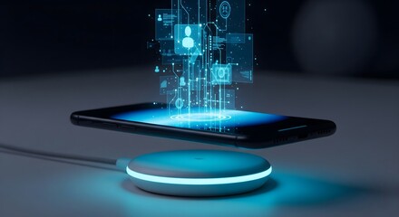 Modern smartphone wirelessly charging with glowing data transfer technology in futuristic blue light