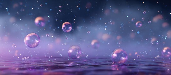 Floating purple spheres over rippled surface, ethereal fog and tiny sparkles