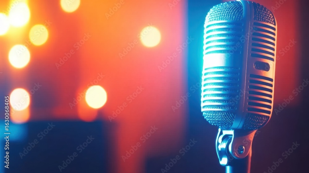 Poster microphone with colorful lights in a performance setting at night