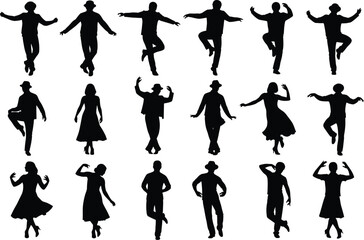 Obraz premium Collection of diverse people silhouettes in dynamic poses showcasing various dance and movement styles against a white background