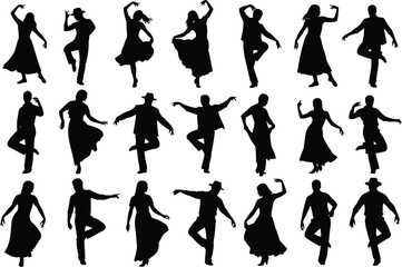 Fototapeta premium Diverse group of people in silhouette performing various energetic dance and movement poses against a white background