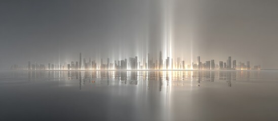 Illuminated cityscape skyline reflected in water under a hazy sky