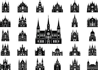 Naklejka premium Collection of diverse gothic and baroque style church and cathedral architectural silhouettes on a white background
