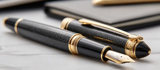 Two fountain pens with gold trim resting on a white marble surface
