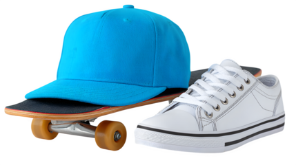 Sneakers beside a skateboard and cap, youth streetwear theme, isolated on white,