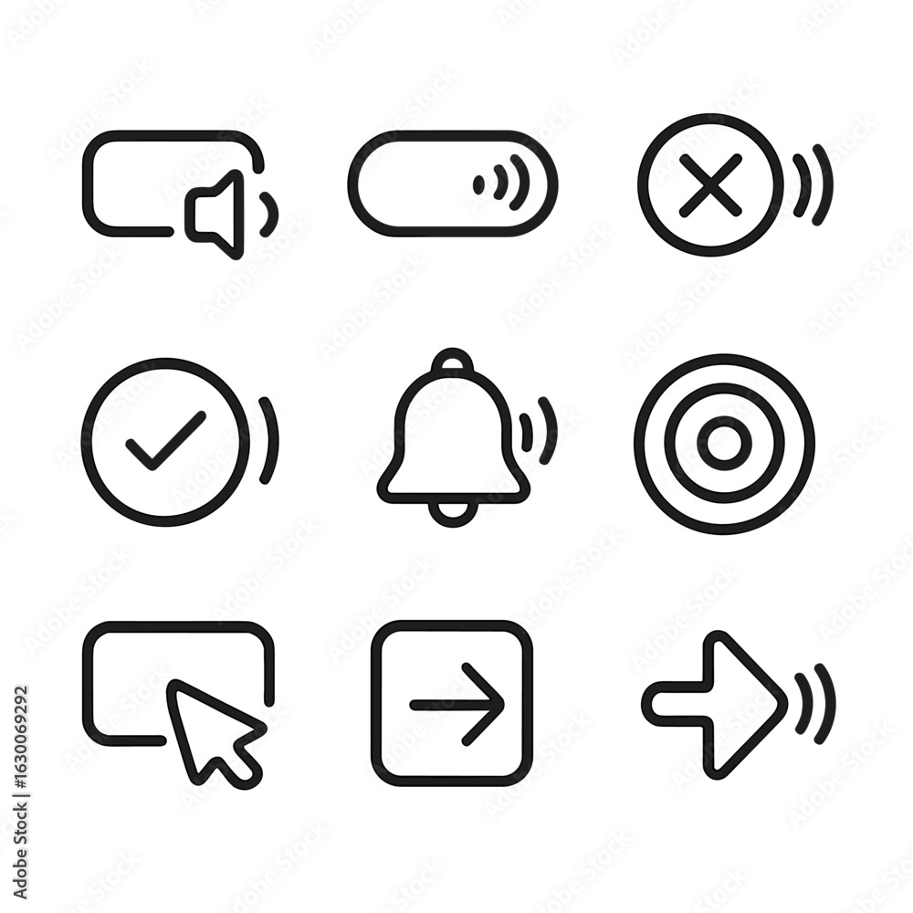 Poster ui sound icon set. outline icon set of ui sound feedback: button click sound icon, toggle switch sou