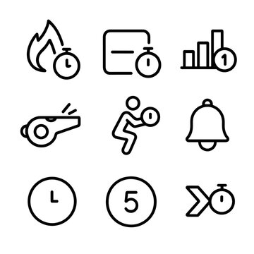 Interval Training Icons. Outline icon set of interval training timer: high-intensity icon, rest period icon, interval bar chart,