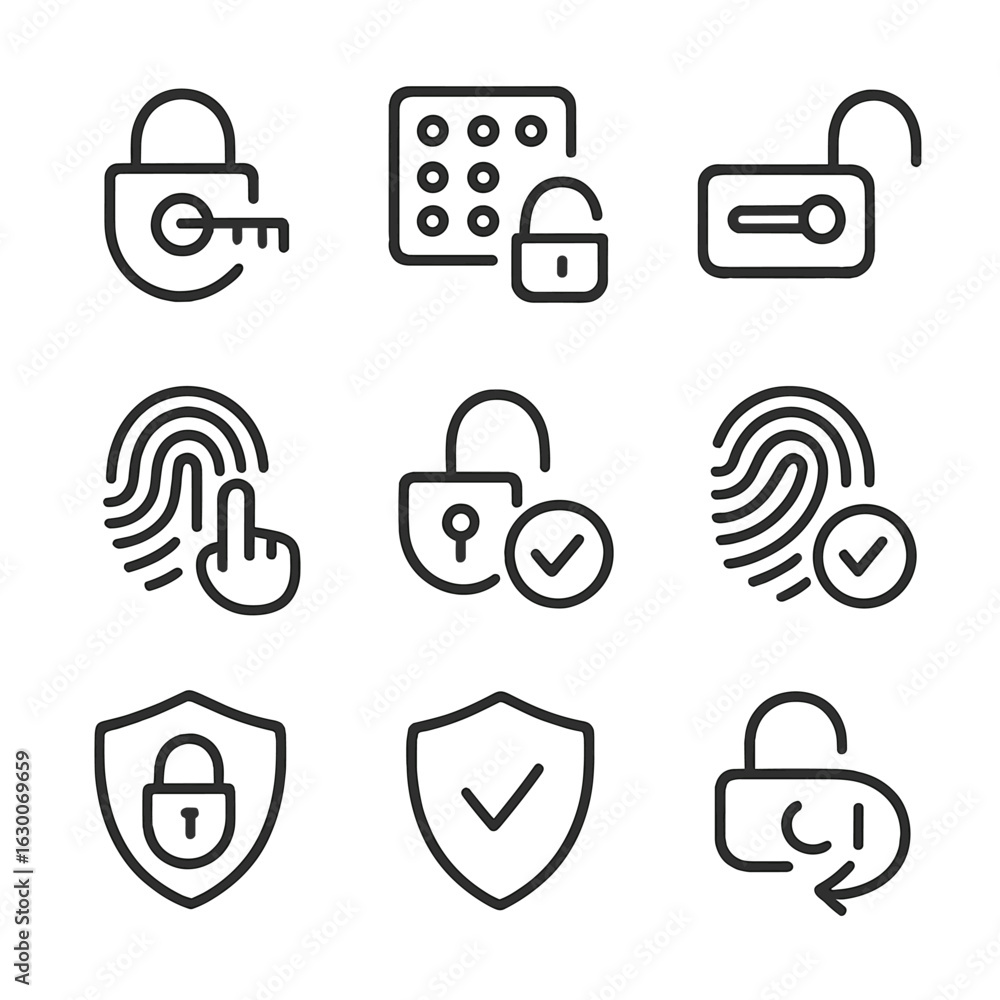 Poster unlock icon set. outline icon set of unlock actions: turning key, entering code, sliding lock, finge