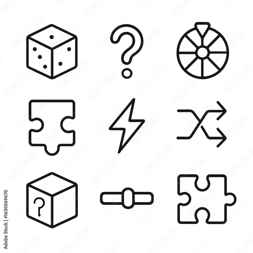 Poster unpredictable events icons. outline icon set of unpredictable events: dice roll, question mark, spin