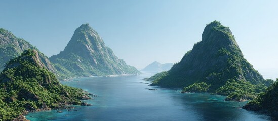 Lush, green mountains flank a blue bay under a clear sky
