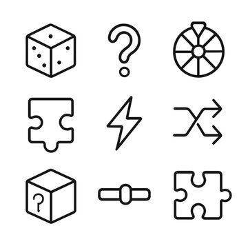 Unpredictable Events Icons. Outline icon set of unpredictable events: dice roll, question mark, spinning wheel, puzzle piece,
