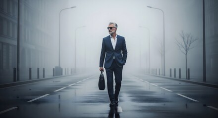 Obraz premium Successful businessman confidently walking through city street in suit with briefcase in foggy weather