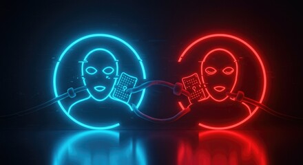 Obraz premium Two neon profile images against dark background with glowing effect isolated for cybersecurity themes