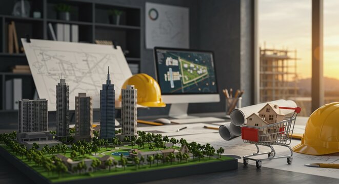 Architect's desk with a detailed cityscape model, blueprints, and computer, symbolizing the concept of urban planning and real estate investment for future development.