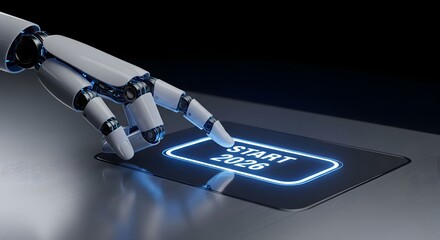 Robot hand activating futuristic start button for 2026, ready for next generation technology
