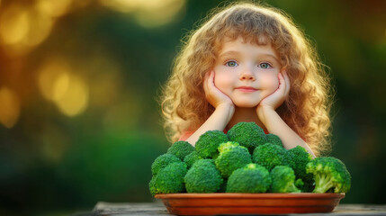 Child with curly hair enjoys broccoli on a sunny day outdoors