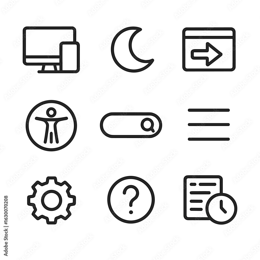 Poster user interface icons. outline icon set of platform user experience: responsive design, dark mode, on