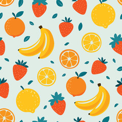 Playful Fruit Seamless Vector Pattern
Bright and fun fruit pattern with lemons, oranges, and bananas in a flat colorful illustration style.