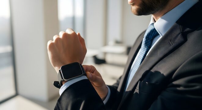 Modern professional checks smartwatch for important updates in bright office sunlight stream