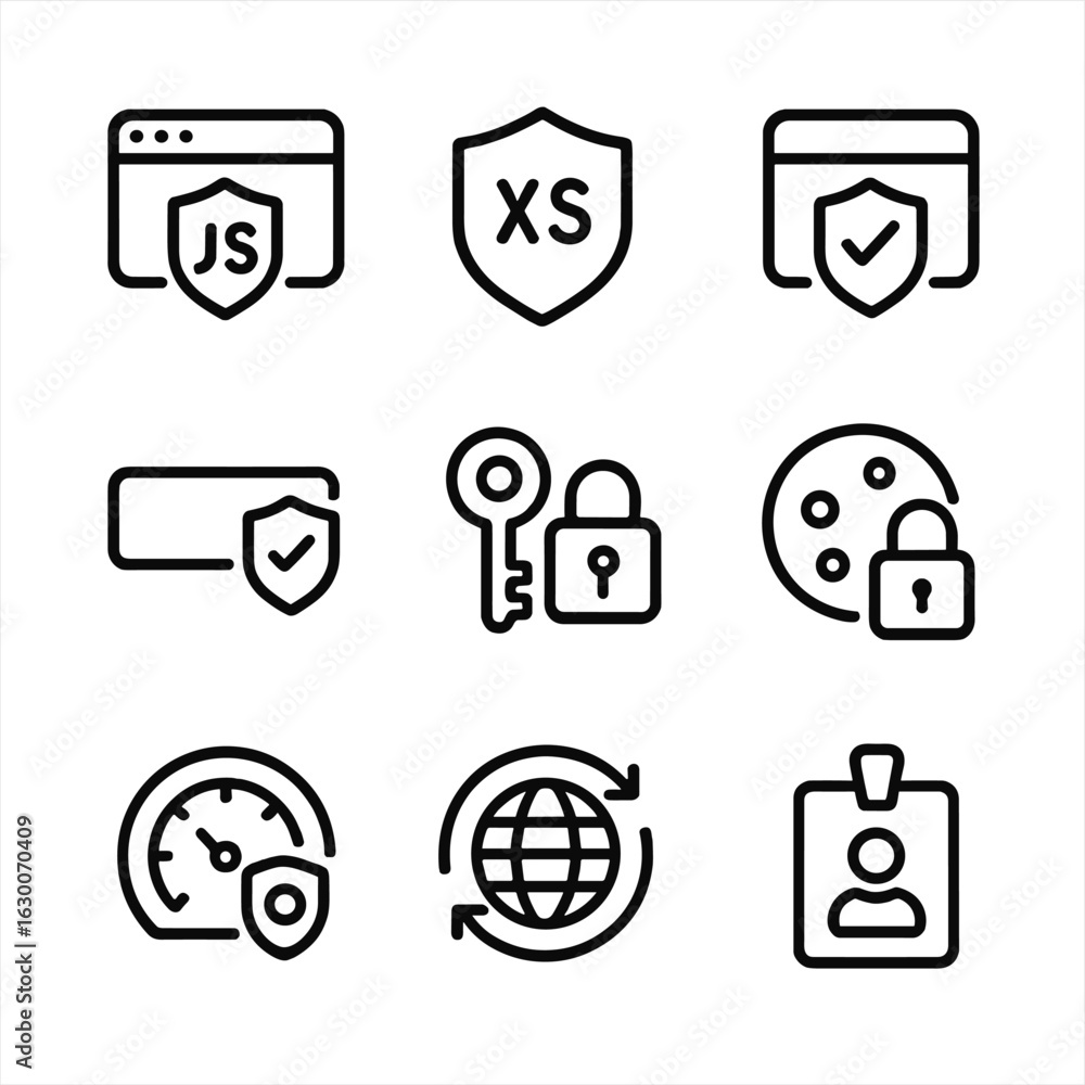 Poster javascript security icons. outline icon set of javascript security and best practices: https, xss pr