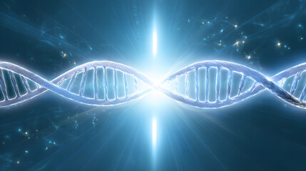 A glowing double helix DNA strand surrounded by ethereal blue healing energy.