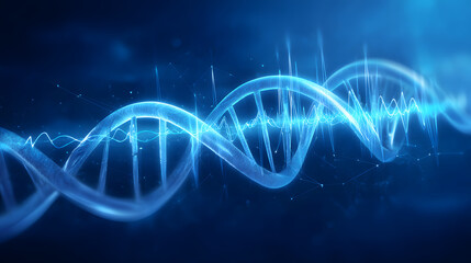 A glowing double helix DNA strand surrounded by ethereal blue healing energy.
