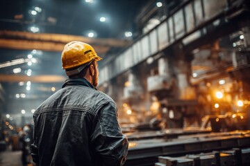 A diligent industrial worker wearing a yellow hard hat carefully inspects heavy machinery in a busy steel factory, surrounded by warm industrial lighting and metallic textures.